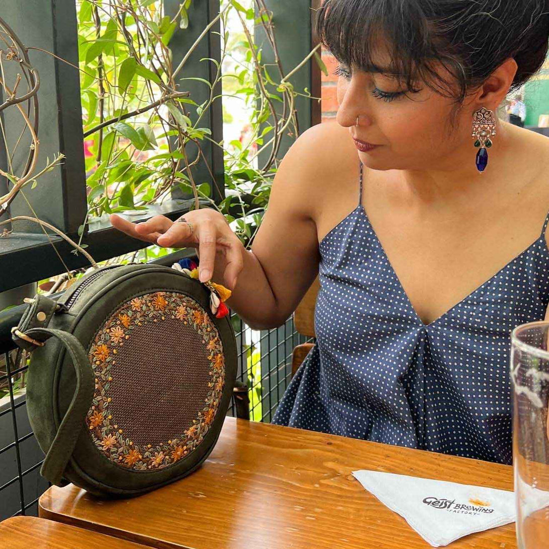 Olive and Brown Round Sling Bag