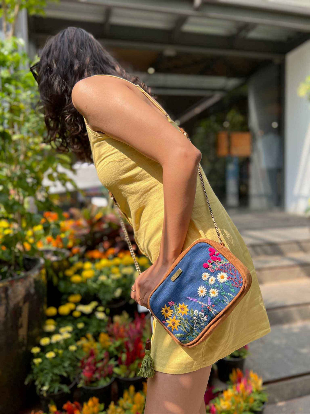 Garden Denim Vegan Suede Sling Bag