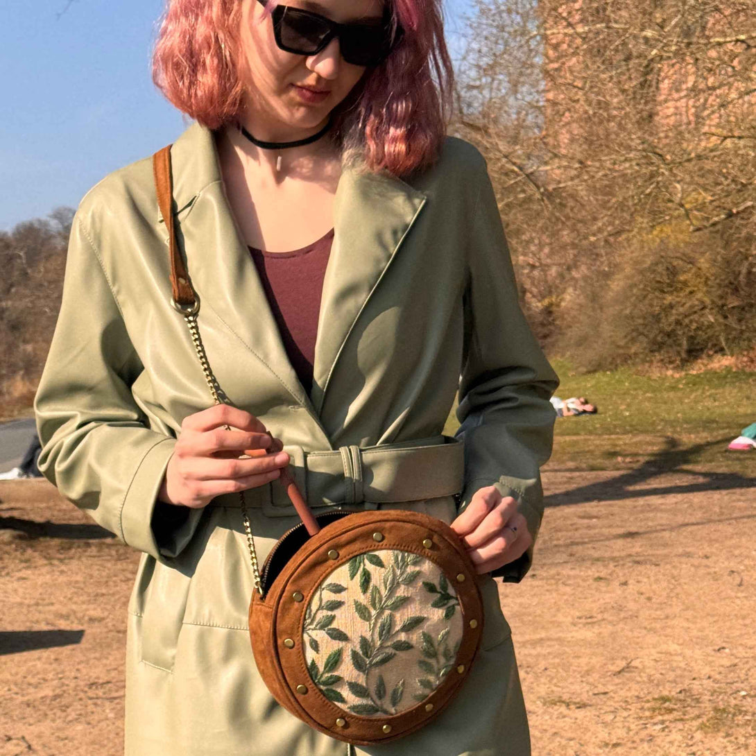Leafy Tan Stud Round Sling Bag