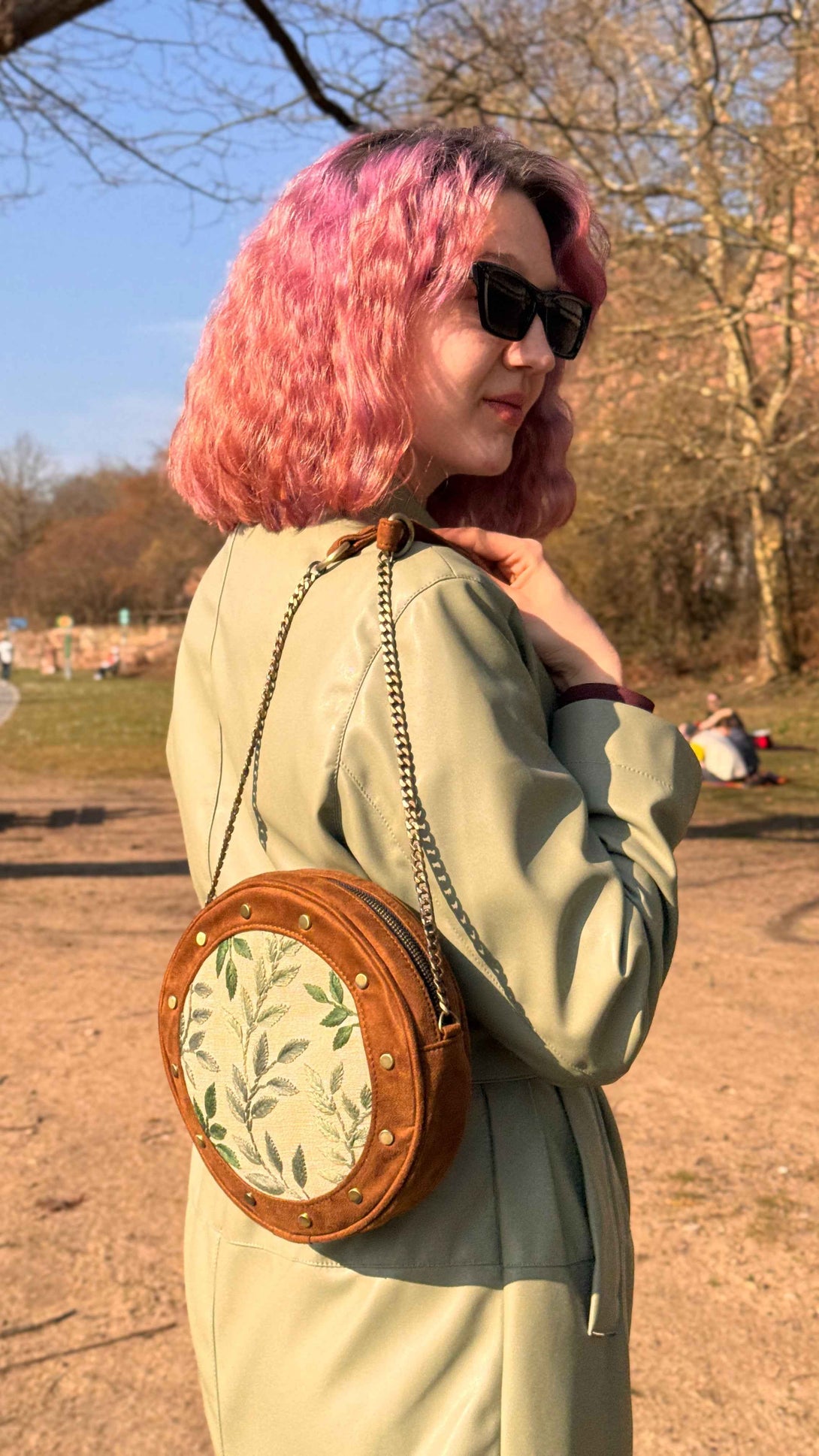 Leafy Tan Stud Round Sling Bag