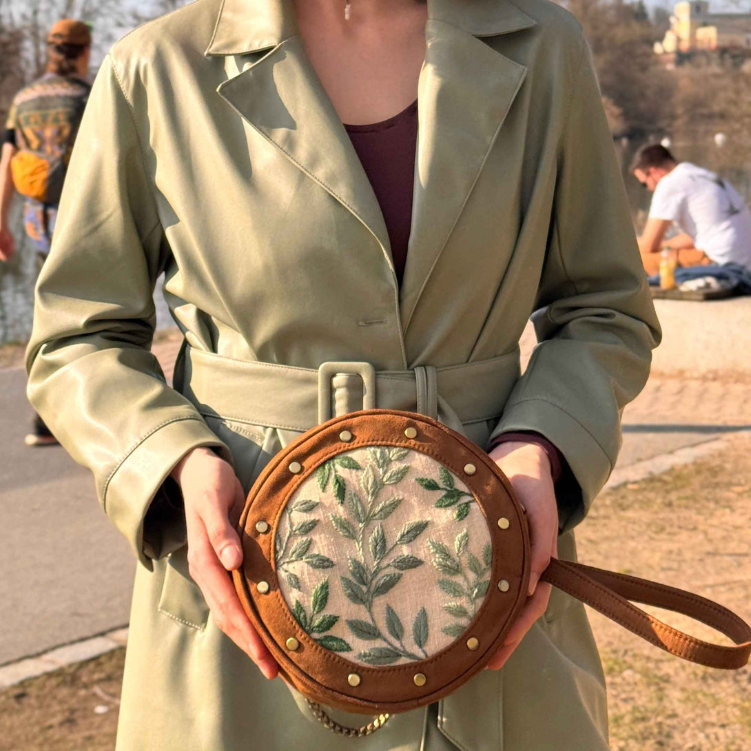 Leafy Tan Stud Round Sling Bag