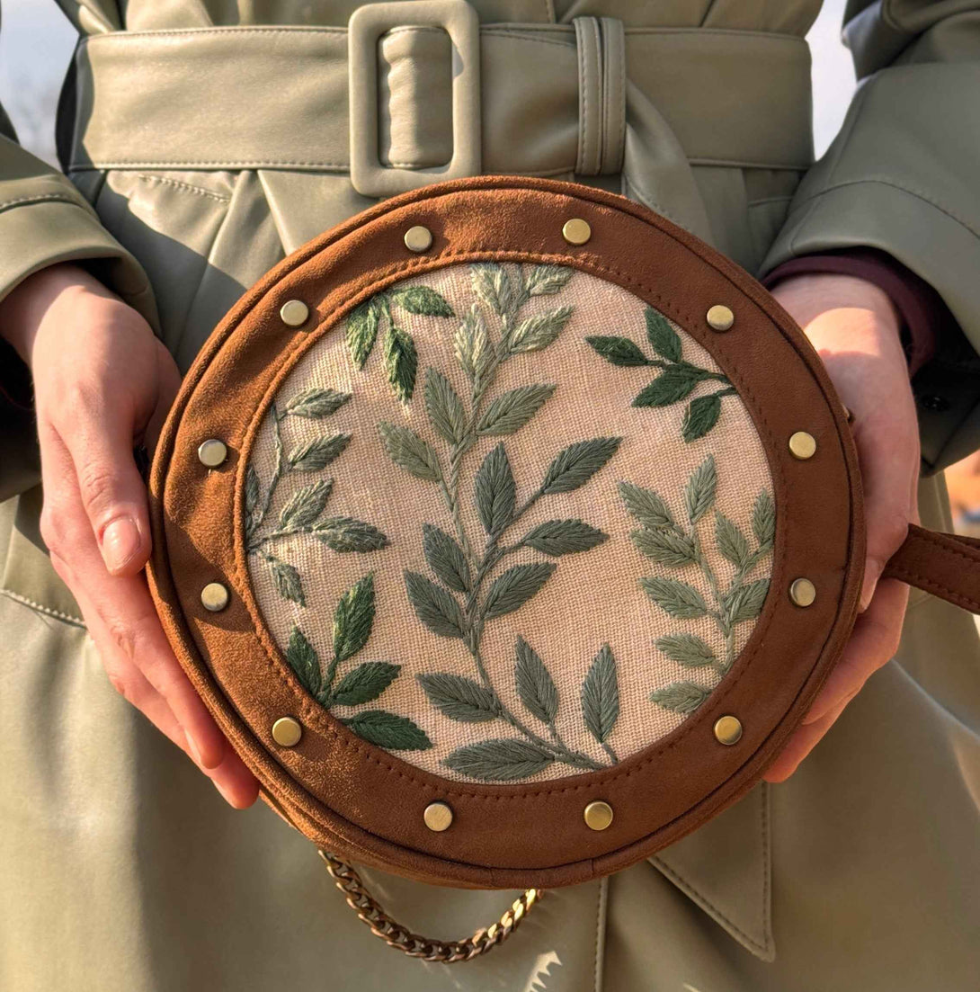 Leafy Tan Stud Round Sling Bag