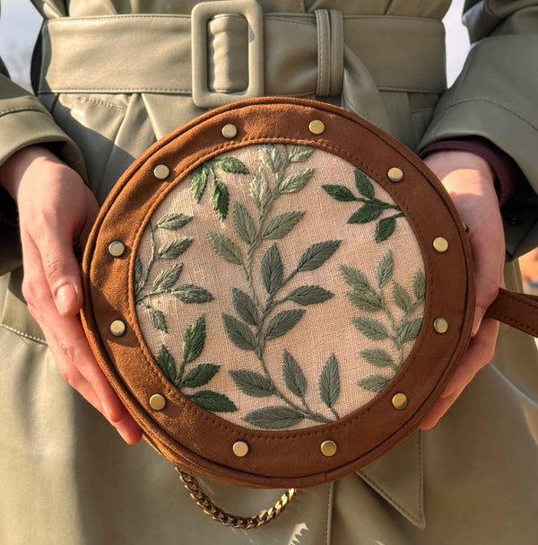 Leafy Tan Stud Round Sling Bag
