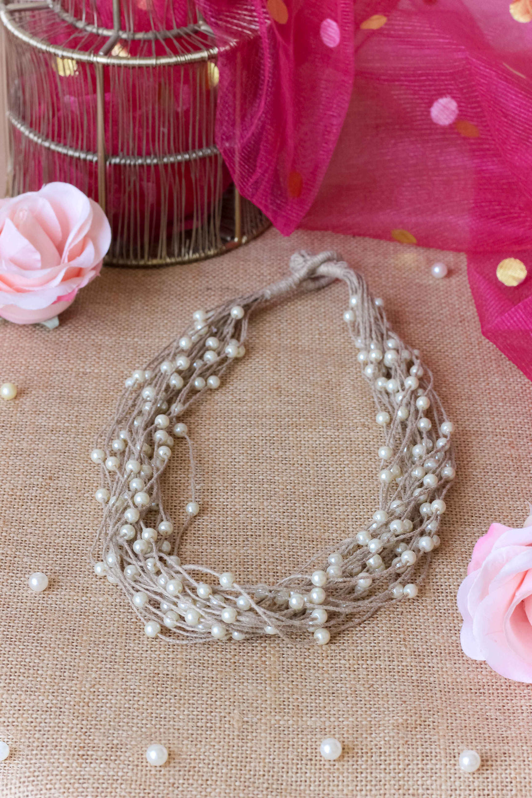Multi layered Jute and Pearl Necklace