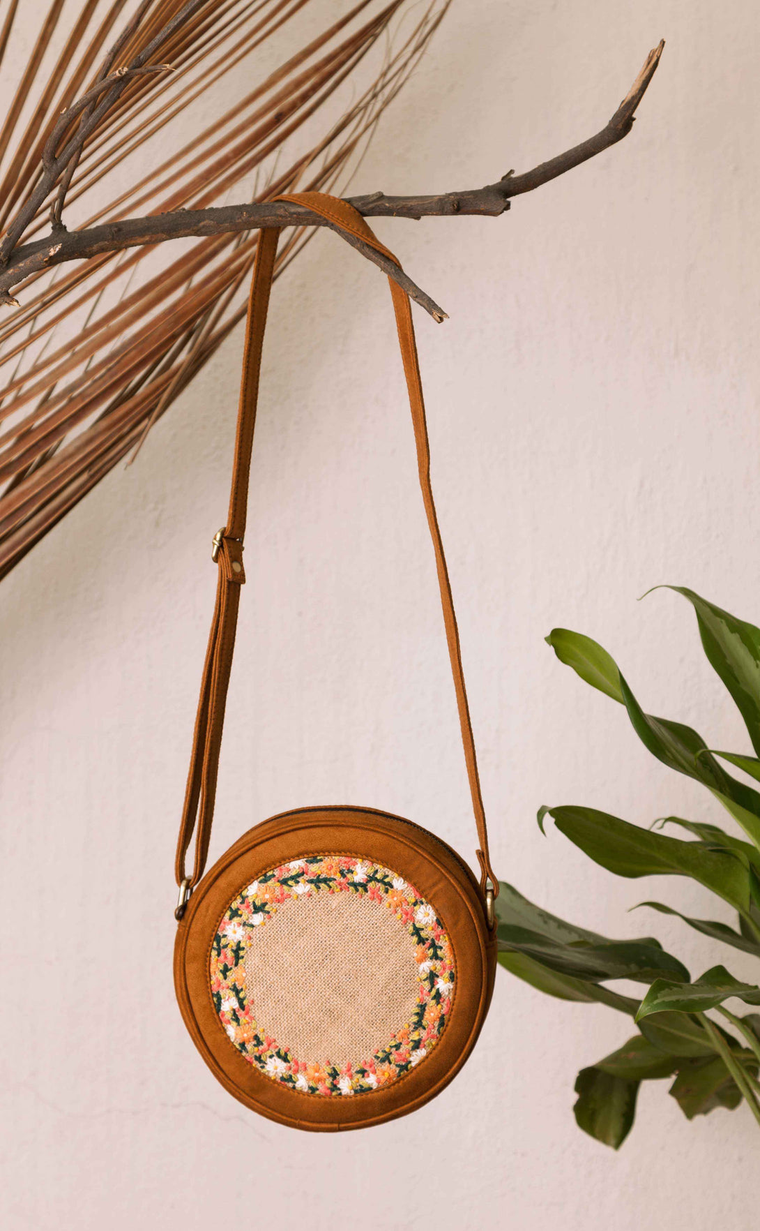 Tan and Floral Round Sling Bag