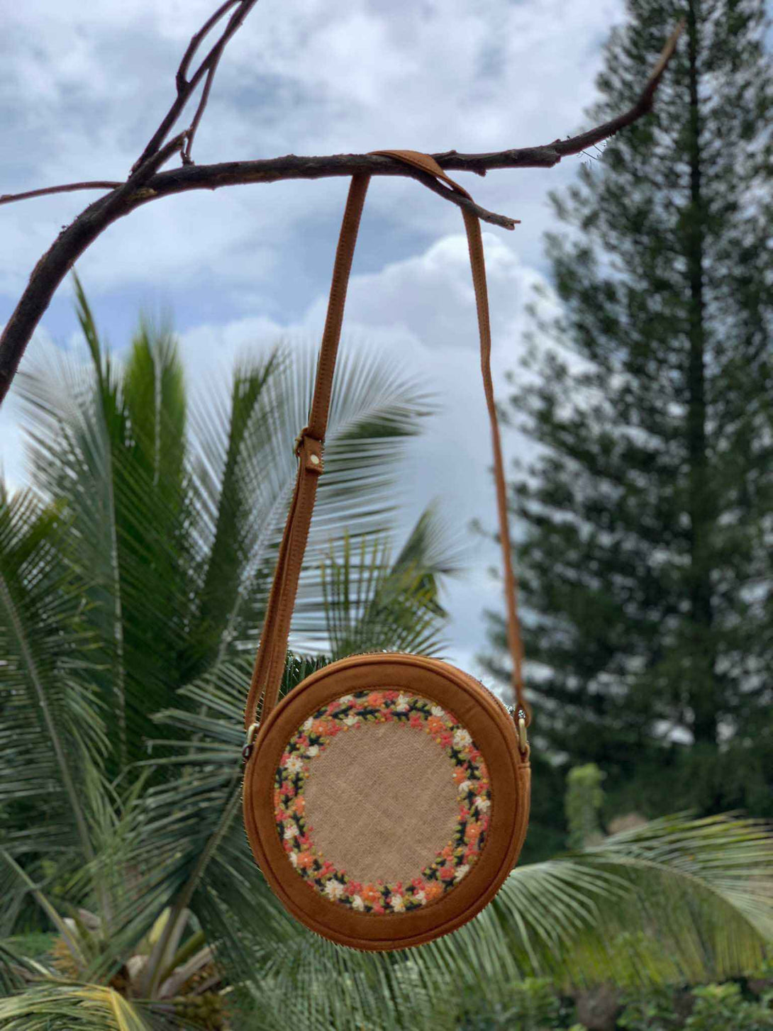 Tan and Floral Round Sling Bag