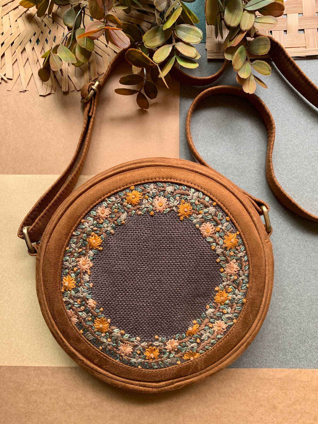 Autumn Brown Floral Round Sling Bag