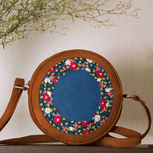 Dark Brown and Denim Floral Round Sling Bag