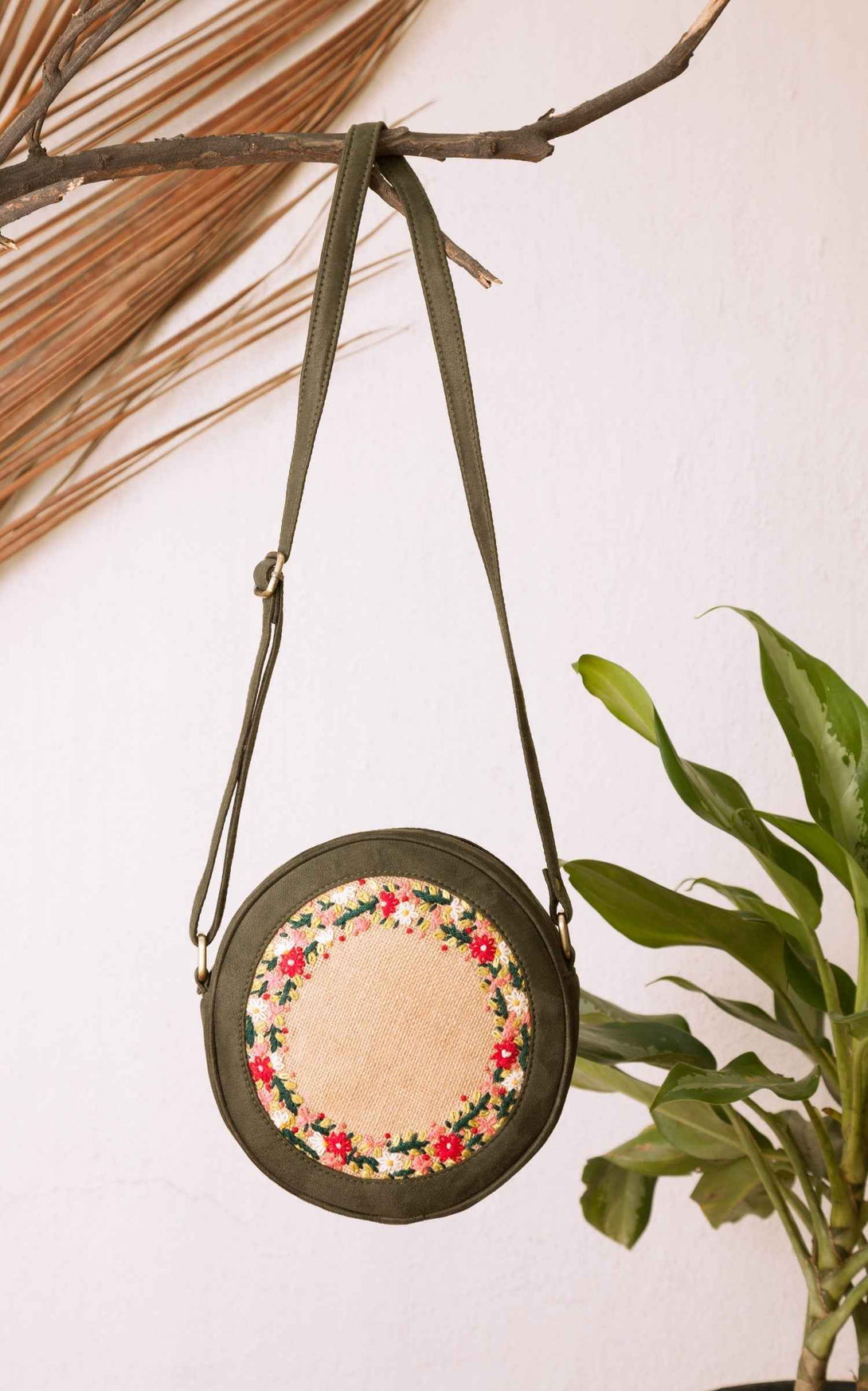 Olive and Jute Floral Round Sling Bag