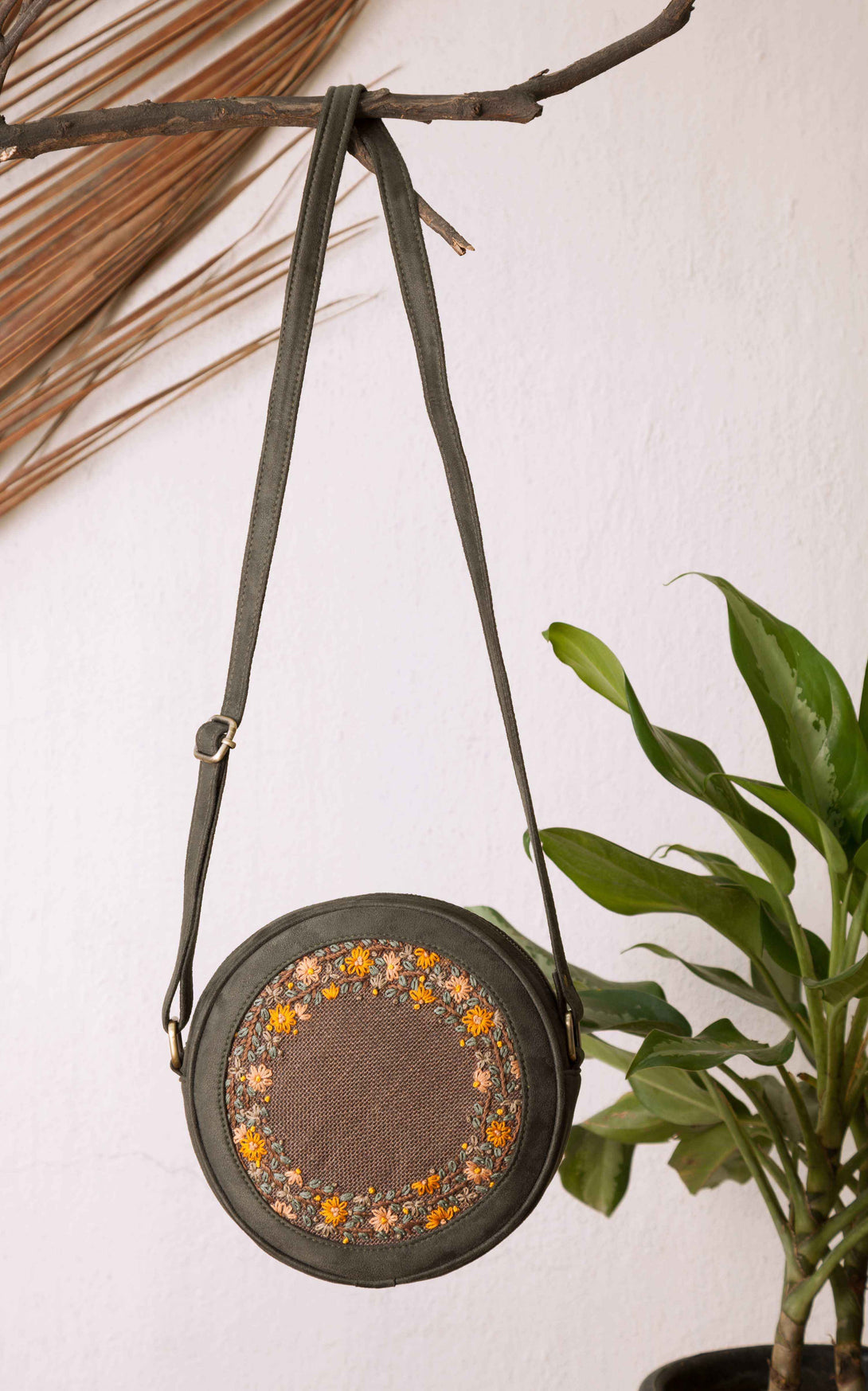 Olive and Brown Round Sling Bag
